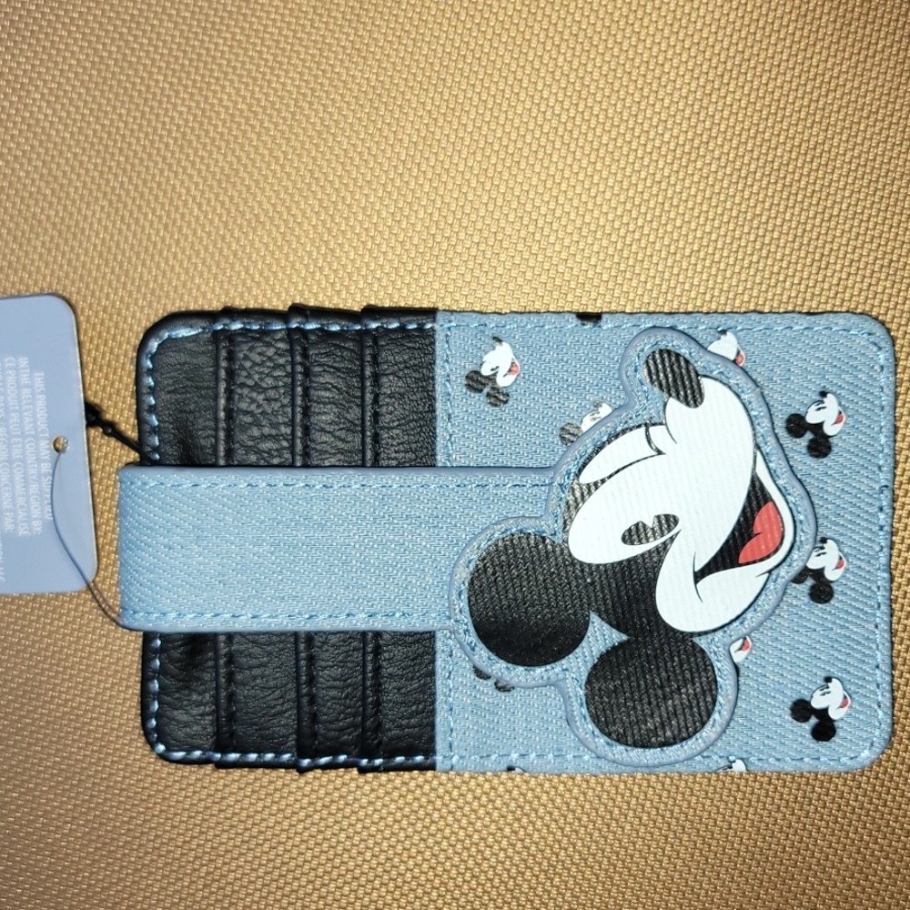 Disney Parks Classic Mickey Mouse RFID Card Case Wallet Denim Faux Leather